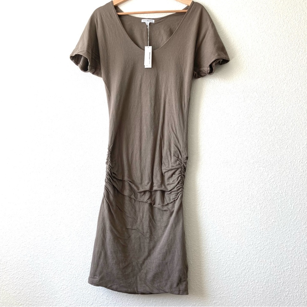 James Perse V Neck Stretch Ruched taupe Dress 0 NWT Pullover Minimalist Cotton